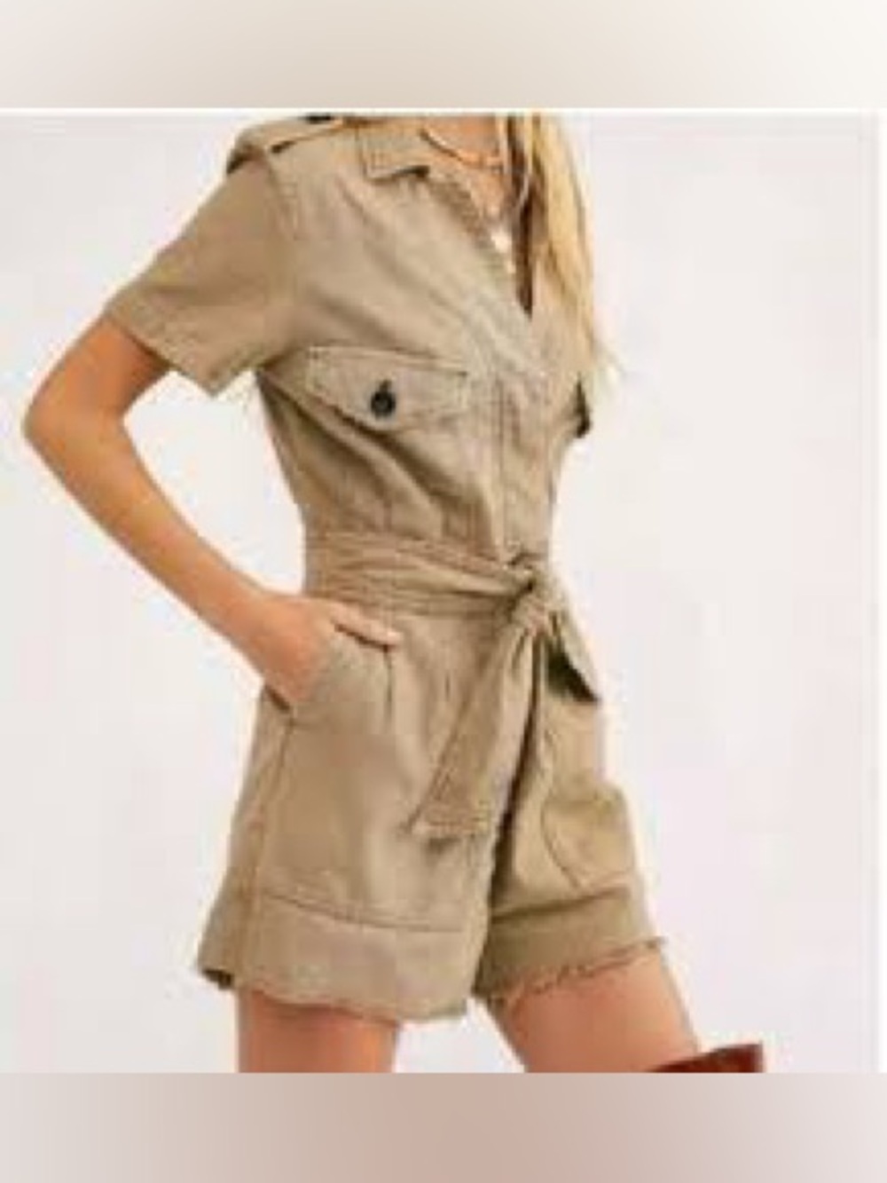Free People Khaki Utility Short-Sleeve Jumpsuit Romper